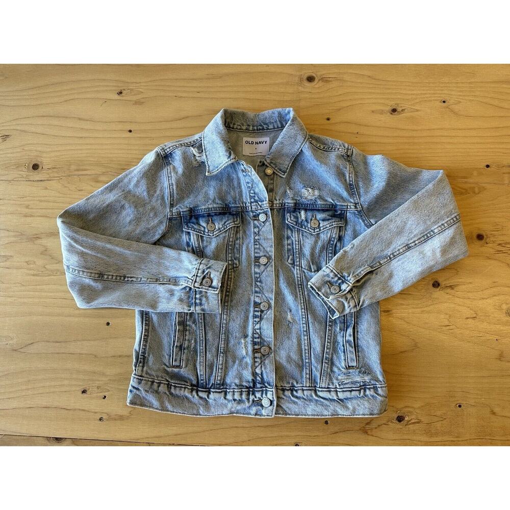 Light Wash Denim Trucker Jacket Women's Small Distressed Jean Long Sleeve Button